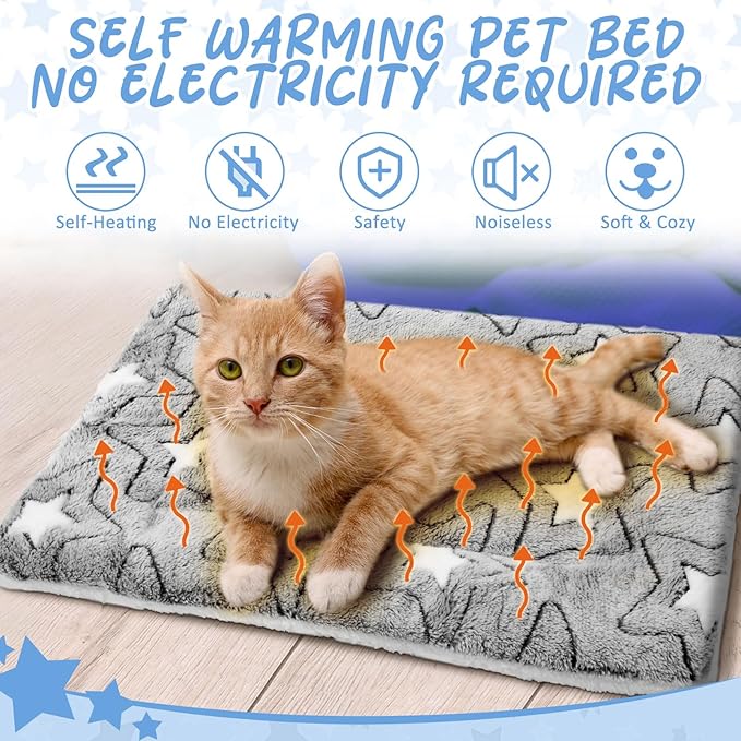 VitalCozy 2 Pack Self Warming Cat Mat Self Heating Pad Bed Reversible Machine Washable Reflects Body Heat Warm Thermal Pet Pad Crate Blanket for Feral and Indoor Cat(Double Star,22'' X 18'')