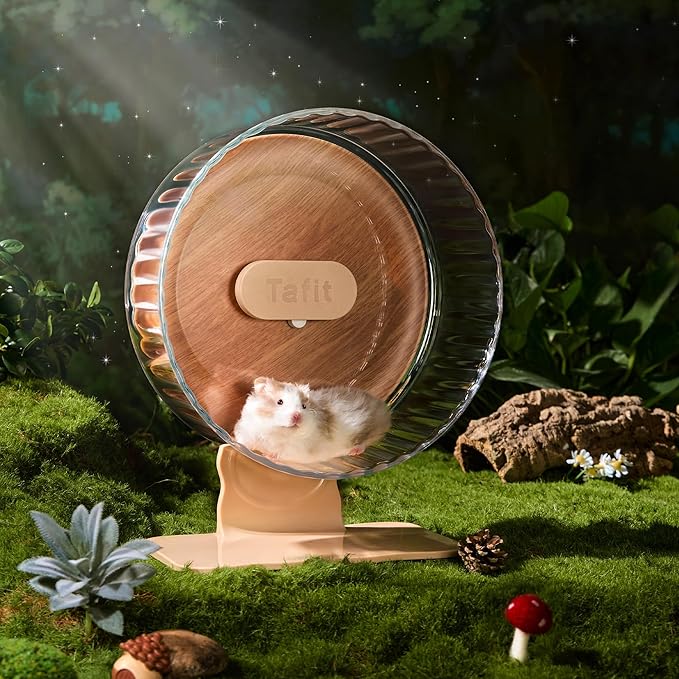 Silent Hamster Wheel 10.5 Inch Dual-Bearings Quiet Running Exercise Wheels with Wood Grain Backboard, Height Adjustable for Syrian Hamsters, Gerbils, Mice, Hedgehog, Lemmings, Warm Brown