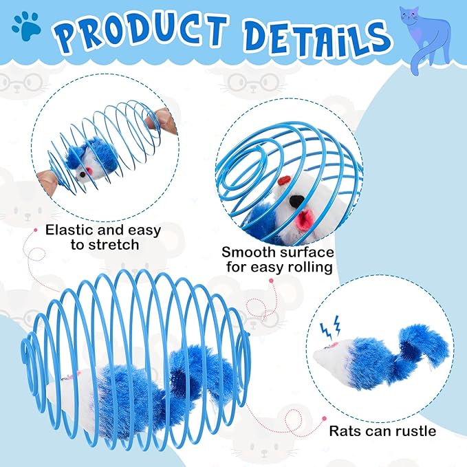 Jecery 5 Pcs Halloween Cat Spring Balls Toys Stretchable Rolling Balls Colorful Playful Coils Interactive Spring Action Toy Caged Rats for Kitten Cat Pet Supplies(Mouse,Blue White,5 Pcs)