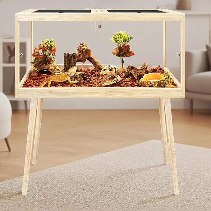 Prolee Bearded Dragon Tank with Leg Stand,Wooden Lizard Tank,Reptile Tank with Metal Mesh Roof Door, Acrylic Panel Snake Tank with Lock Design (Oak, 32"x16"x16")