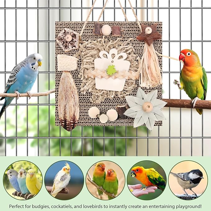 Kyouki Bird Toys, Parakeet Toys, Parrot Toy, Conure Hanging Chewable Cardboard Foraging Toys Suitable for Budgies, Cockatiels, Lovebirds, Sun Conures - and Other Small/Medium Parrots (Large)