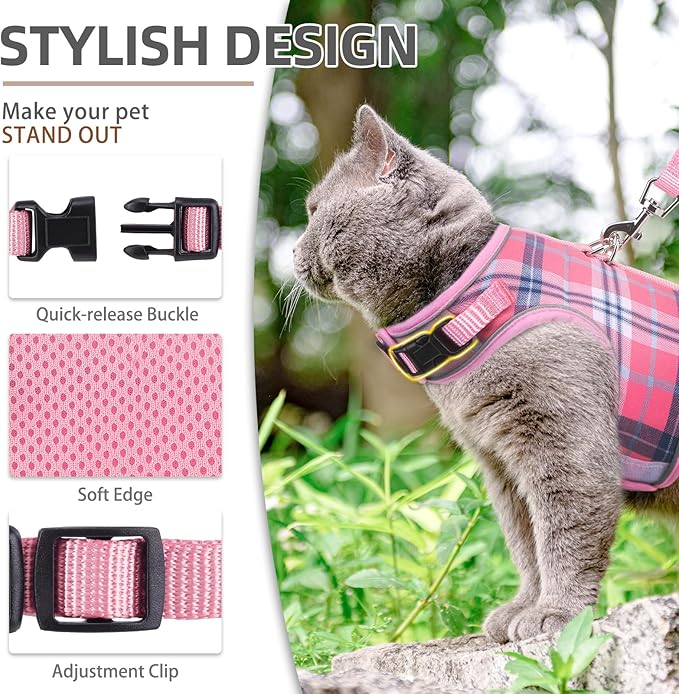 PUPTECK Soft Mesh Cat Vest Harness and Leash Set Puppy Padded Pet Harnesses Escape Proof for Cats Small Dogs Rabbits Bunny, Plaid Pink, S