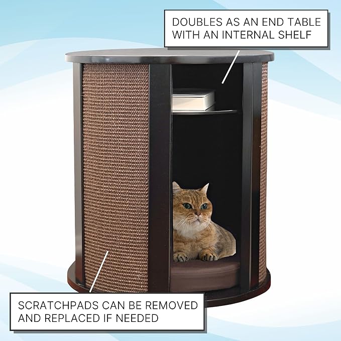 THE REFINED FELINE Purrrrfect End Table Cat Bed Cave in Black Espresso, Multipurpose Wood Cat Furniture Nightstand, Easy to Clean Covered Cat Bed with Replaceable Scratching Post & Washable Cushion