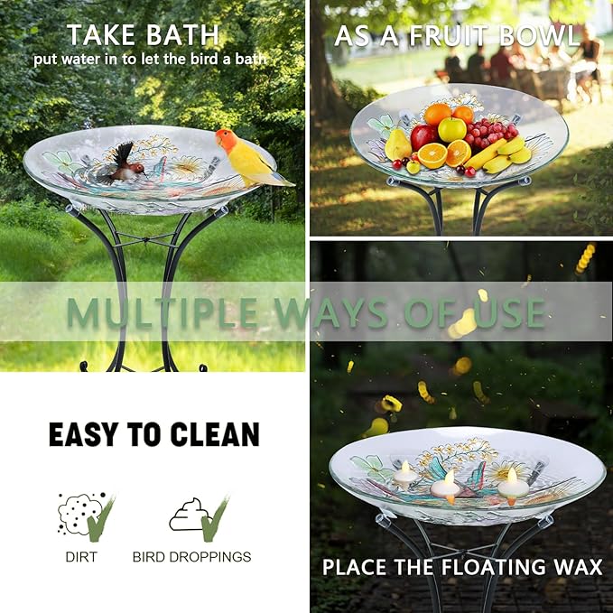 MUMTOP Bird Bath-Bird Baths for Outdoors - Hummingbird Glass Large Bird Bath Bowl with Metal Stand, Bird Feeders for Outside and Garden, Patio,Lawn Decor