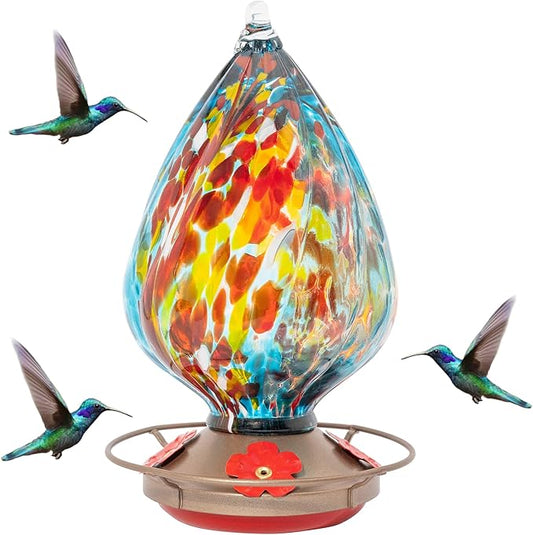 MEKKAPRO Glass Hummingbird Feeders for Outdoors 45oz, Decorative Feeder with Blown Glass Design for Outdoors Hanging and Backyard, Easy Fill with 4 Nectar Feeding Flowers (Sky Blue)