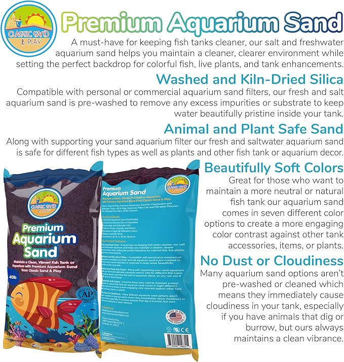 CLASSIC SAND & PLAY Natural Aquarium Sand for Freshwater and Saltwater Tanks, 40 lb. Bag, Improves Filter Life and Filtration Process, Pre-Washed Fine Sand, Purple