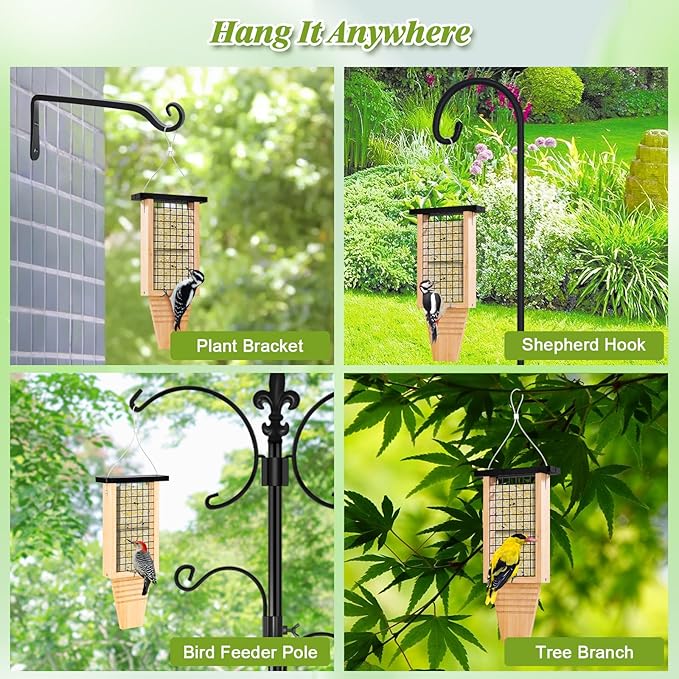 Wooden Suet Bird Feeder for Outside Hanging, Large Woodpecker Suet Feeder with Tail Prop, Double Suet Cakes Hanging Bird Feeder for Wild Birds, 1 Pack, Black