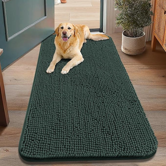 Smiry Dog Door Mat for Muddy Paws 48x30, Absorbs Moisture and Dirt Doormat, Non-Slip Washable Quick Dry Chenille Front Door Mat Indoor Entrance, Entryway Carpet for Inside Floor, Green