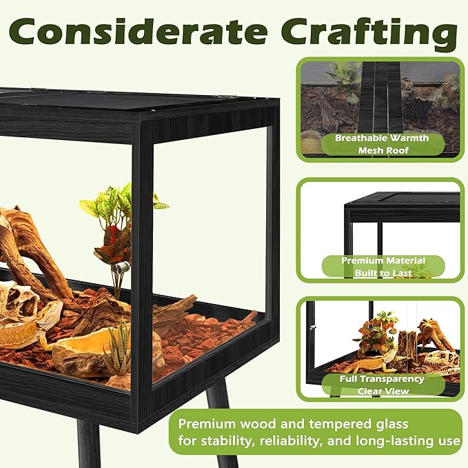 PROLEE Bearded Dragon Tank with Leg,Tempered Glass Lizard Tanks and Reptile Enclosure,Up to 78 Gallon Reptile Tank with Metal Mesh and Lockable Door for Snakes,Chameleon (Black, 24Gallons,24inch)