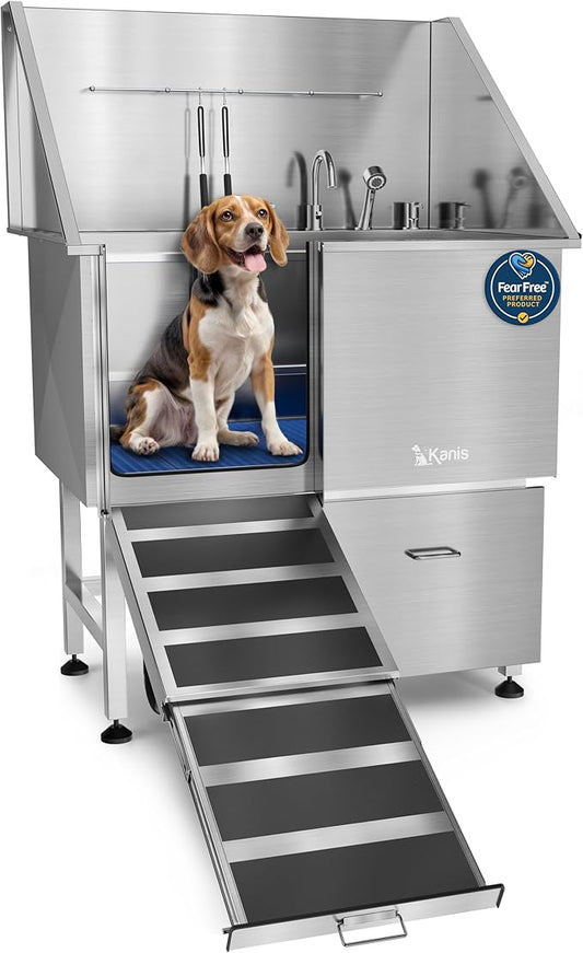 KANIS Professional Stainless Steel Dog Bathing Station - Grooming Tub w/Ramp, Storage Drawer, Floor Grate & Faucet/Dog Bathtub for Large, Medium & Small Pets (40", 1 Drawer - Left RAMP)