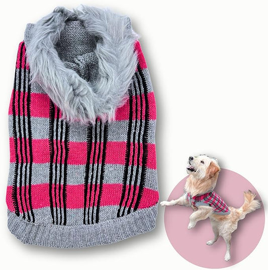 Cute Sweater for Dogs and Cats Soft Flannel Pet Outfit Warm and Cozy Animal Hoodie Small to Large Pet Clothes for Halloween Parties and Everyday Wear (Large, Pink Checkered with Hat)