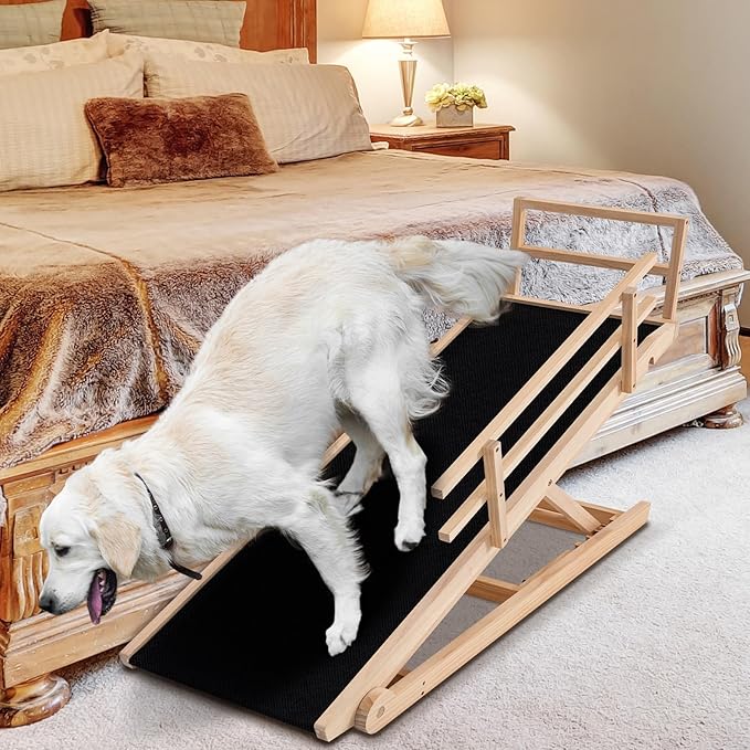 Dog Ramp for Bed, Adjustable Pet Ramps for Dog to Get on Bed, Non-Slip Rubber Surface - Folding Wooden Dog Ramp for Small/Large/Old Dogs, Adjustable up to 23.5 inch High Beds, Safety Railings