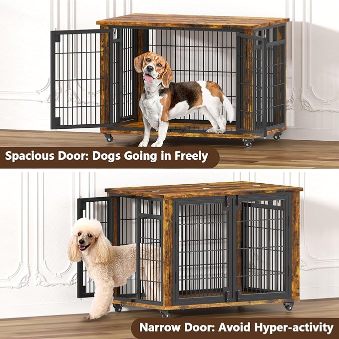 EasyCom 90% Pre-Assembled 33" Small and Meidum Dog Kennel Indoor Furniture, Wooden Dog Crate Furniture with Top-Access Teasing/Feeding Doors, for Medium and Small Breed, with Wheels Moveable