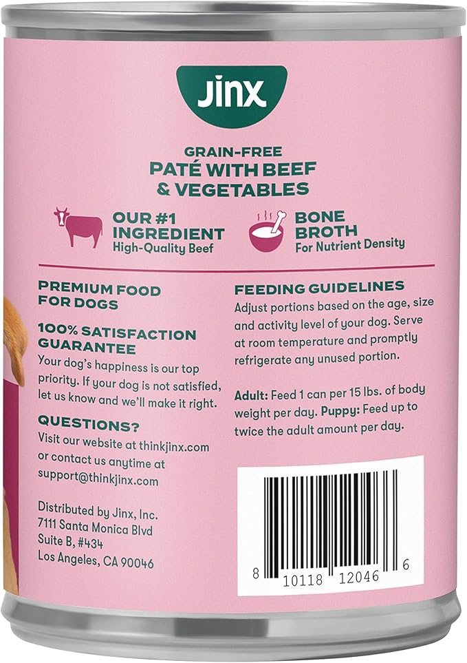 Jinx Premium Wet Dog Food Cans - Beef Pate - Grain-Free Canned Dog Food Pate & Topper with Real Ingredients & No Fillers - All Life Stages, Breeds & Sizes - 12-Pack, 13 Oz