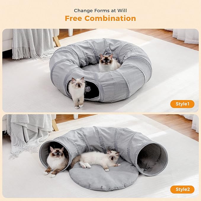 PAWZ Road Cat Tunnel Bed Large Cat Donut Tunnel for Indoor Cats, Collapsible Cats Tube with Central Mat, Peek Hole and Cat Toy Hanging Balls