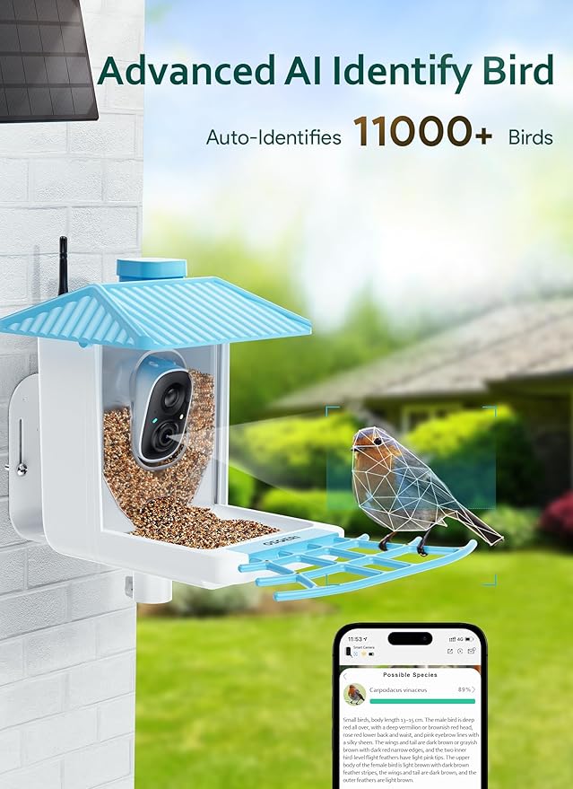 Osoeri Bird Feeder with Camera - Solar Smart Bird Feeder with AI Identify, 1080P HD Auto Capture Birds Video, Real-Time Alerts, Gifts for Family and Friends, 2.4GHz WiFi