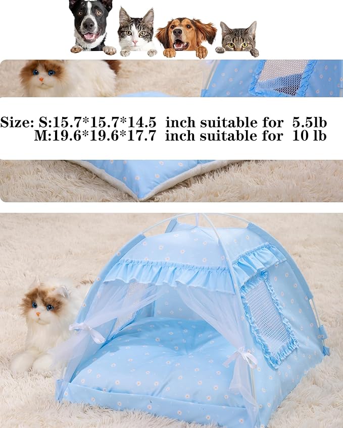 Cat Princess Bed Tent House - Kitty Cute Beds Indoor,Small Dog House Indoor/Outdoor Cave Nest Bed Small Dog Tent for Cat,Puppy Tents (19.6"x19.6"x17.7"/Blue)