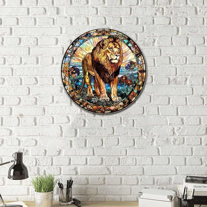 Lygond Metal Sign Tin Sign Circular Stained Glass Lion Vintage Decor for Garden 8×8 Inches