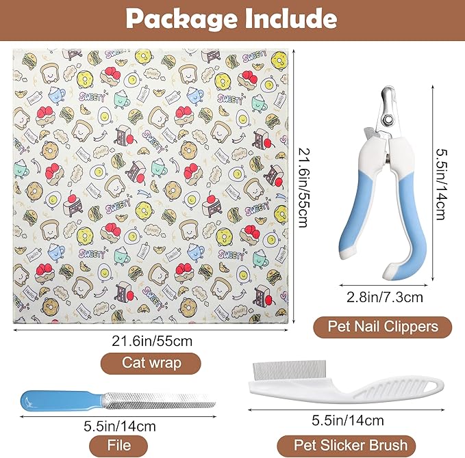 21.6 Inches Cat Wrap for Cutting Nails, Self-Adhesive Restraint Cloth for Cats Multifunctional Cat Grooming Wrap with Pet Nail Clipper, File and Pet Hairbrush