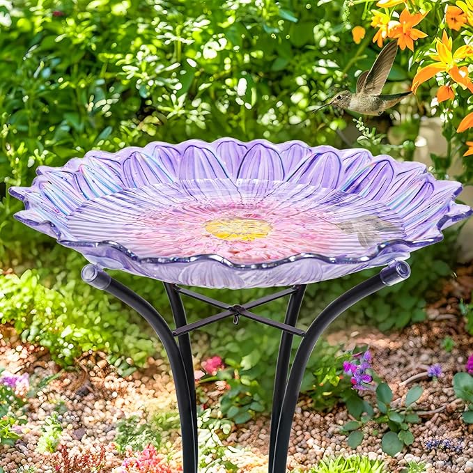 MUMTOP Outdoor Glass Birdbath with Metal Stand for Outside Yard Garden Decor, 18 inch Diameter Purple Bird Baths Bowl for Outdoors, 21 inch Height