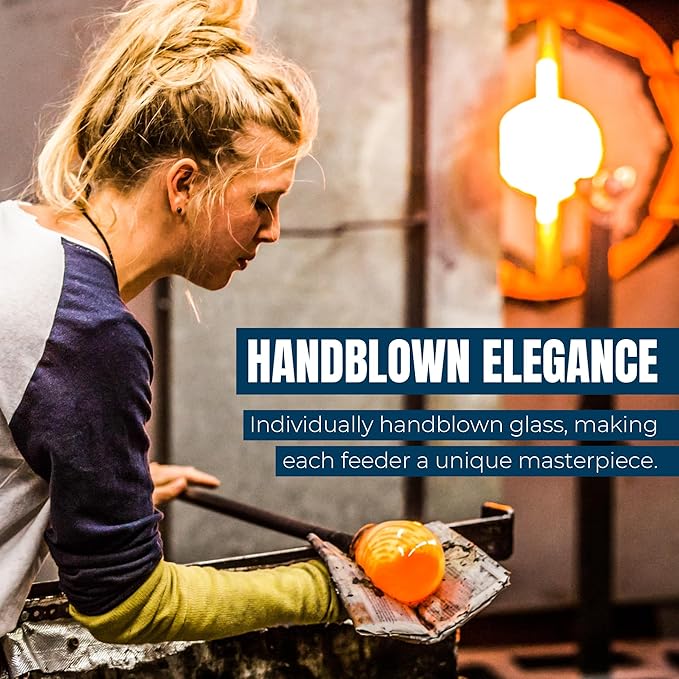 MEKKAPRO Hummingbird Feeders for Outdoors Hanging Glass 20oz, Decorative Feeder with Blown Stained Waterdrop Glass Design for Outdoors and Backyard, Easy Fill with 4 Nectar Feeding Flowers (Sky Blue)