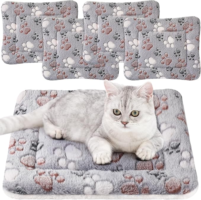 Tuanse 4 Pack Ultra Soft Dog Cat Bed Mat with Cute Prints Reversible Fleece Dog Crate Kennel Pad Cozy Washable Thickened Hamster Guinea Pig Pet Bed Mat for Small Animals(13 x 19 Inches,Light Gray)