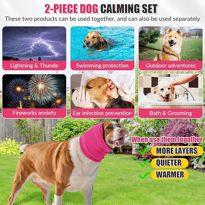 SlowTon Quiet Ears Dog Hoodie - 2 Pcs Ear Wrap Dog Ear Muffs Noise Protection, Anxiety Relief Dogs Hat Calming Hood Head Cover, Pet Headband Dogs Ear Protector for Grooming, Force Drying (Pink,M)