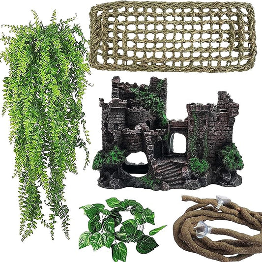 5 PCS Tank Accessories for Bearded Dragon Include Resin Classical Castle Reptile Climb Habitat Decor Hanging Jungle Vines Flexible Leaves Climbing Decor for Lizard Gecko Chameleon Spider