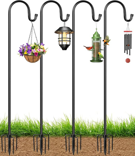 XDW-GIFTS Bird Feeder Pole for Outdoor, 4-Pack 45 Inch Shepherds Hooks Heavy Duty Garden Pole for Hanging Plant Basket, Solar Light Lanterns, Garden Plant Hanger Stands with 5 Base Prongs