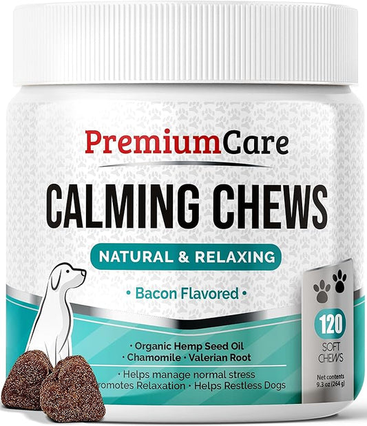 PREMIUM CARE Hemp Calming Chews for Dogs, Made in USA - Helps with Dog Anxiety, Separation, Barking, Stress Relief, Thunderstorms and More, 9.3 oz (264g), 120 Count