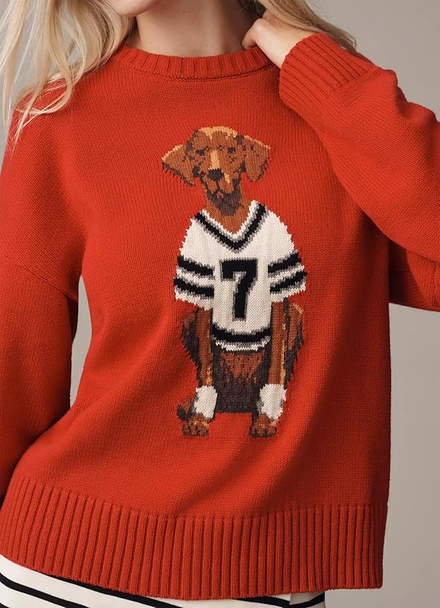 Dog Print Sweater for Women Cute Graphic Knit Pullover Tops Long Sleeve Crew Neck Trendy Fall Outfits 2025