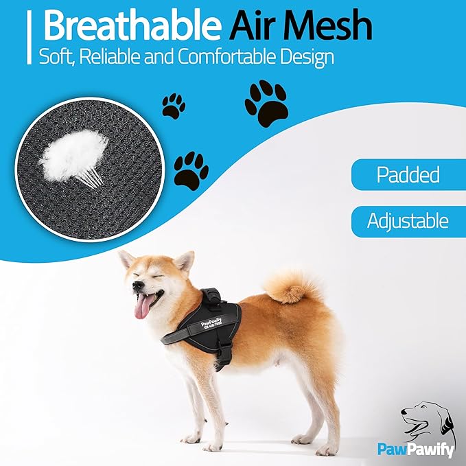 PawPawify Custom No Pull Dog Harness with Name and Phone Number, Heavy Duty Personalized Pet Vest to Prevent Tugging, Pulling, or Choking, Training and Walking (New Black, L (Chest 23-30in))