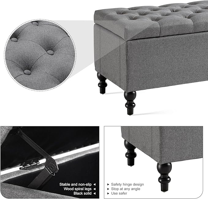 Ottoman with Storage,50.2-inch Upholstered End of Bed Storage Bench for Bedroom,for The Living Room,for Entryway, with Tray & Button and Safety Hinges,Detachable (Grey)