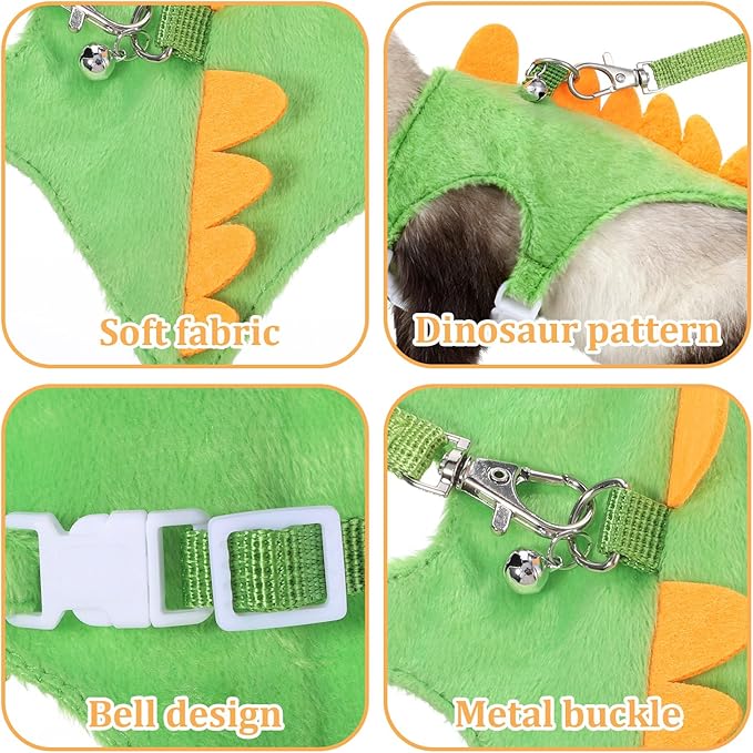 Ferret Harness and Leash Set Dinosaur Shaped Small Pet Harness and Leash Set with Safety Bell, Adjustable Vest for Ferret, Hedgehog, Guinea Pig, Rabbit and Other Small Animals