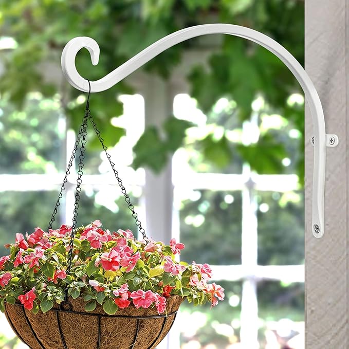 Bird Feeder Hanger: 12-Inch Wall-Mounted Plant Bracket Outdoor - 2 Pieces White Plant Hooks for Hanging Flower Baskets