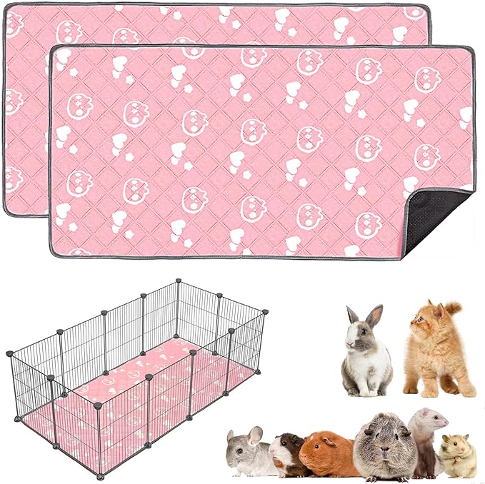 2 Pack Guinea Pig Bedding - Washable Guinea Pig Liners for C&C 2x4 Cage, Waterproof Reusable & Anti Slip Pee Pads Super Absorbent Mats for Small Animals Rabbit Hamster Rat (Pink, 57 x 28 Inch)