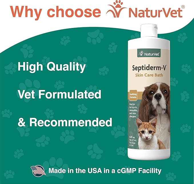 NaturVet Septiderm-V Skin Care Bath Wash for Dogs & Cats – Pet Health, Dog Skin, Itching, Hot Spots – Pet Shampoo, Grooming Aid – 16 Oz.