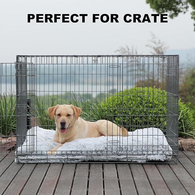 Bedfolks Plush Dog Crate Pad, Washable Faux Fur Kennel Bed for XXL Dogs, Waterproof, 47"x29", Grey