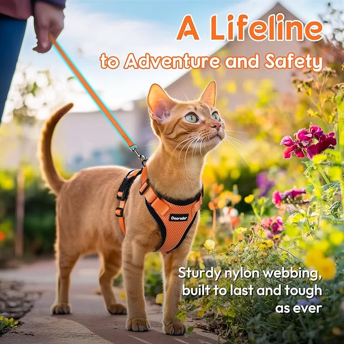 Dooradar Cat Harness and Leash Set, Escape Proof Safe Adjustable Kitten Vest Harnesses for Walking, Easy Control Soft Breathable Mesh Jacket with Reflective Strips for Cats, Orange, XXS