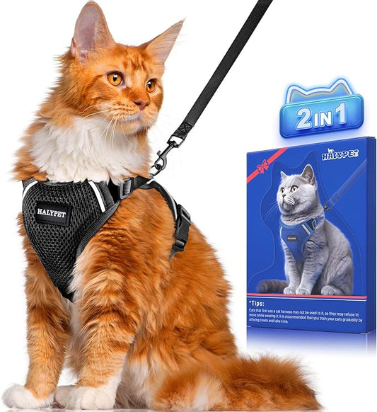 Halypet Cat Harness and Leash Set [ MAX Safety Third Generation ] Escape Proof Soft Adjustable Cat Leash Breathable Comfortable Vest Easy to Wear Kitten Harness for Outdoor Walking Black