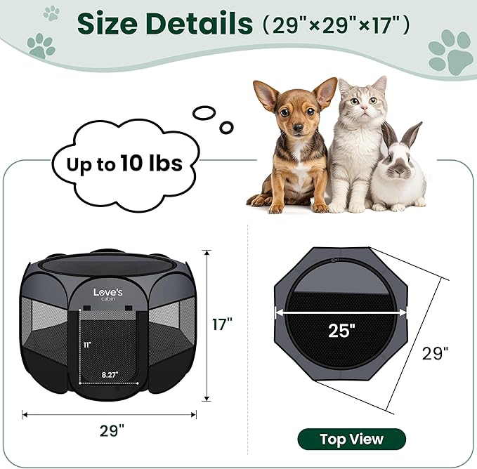 Love's cabin Pet Puppy Dog Playpen, Small Dog Tent Crates Cage Indoor/Outdoor, Portable Playpen for Cat, Foldable Pop Up Dog Kennel Playpen with Carring Case, Removable Zipper Top, Dark Grey
