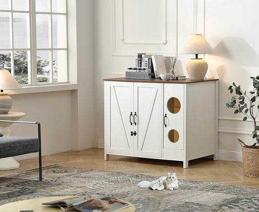 Cat Litter Robot Enclosure, Automatic Litter Box Enclosure for Litter Robot 3/4,Cat-Exclusive entrace for Dog Proof and Fun,Power Outlet for cat Litter Cabinet,Litter Collector,Antique White