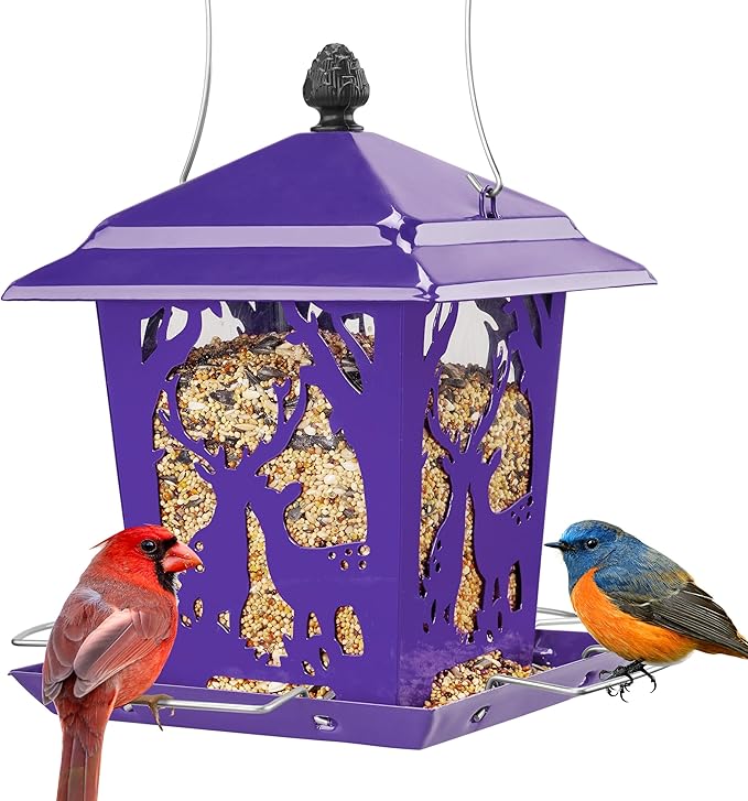 Kingsyard Metal Bird Feeder for Outdoor Hanging - Unique Design Wild Bird Hopper Feeder with 4 Perches and Rainproof Roof, Purple