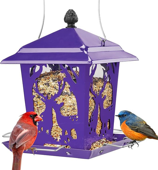 Kingsyard Metal Bird Feeder for Outdoor Hanging - Unique Design Wild Bird Hopper Feeder with 4 Perches and Rainproof Roof, Purple