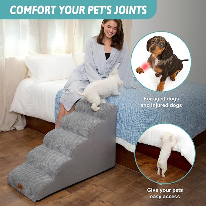 Dog Stairs for Small Dog 22.6" H, Curved Pet Step for Puppy, Older Cat, Medium Pet Ramp for High Bed, Ladder with High Density Foam, Durable, 5 Step, 15.7x33x22.6 inch, Grey