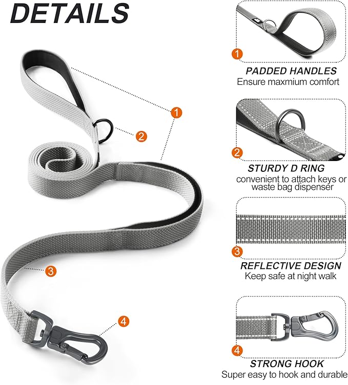 TwoEar 6FT 1IN Strong Gray Dog Leash with 2 Padded Handles, Traffic Handle Extra Control, Comfortable Soft Dual Handle, Auto Lock Hook, Reflective Walking Lead for Small Medium and Large Dogs