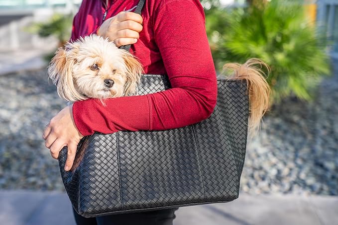 Luxury Woven Dog Purse Carrier for Small Dogs - Cozy Faux Leather, Dog Carrier Purse with Secure Harness Clip, Black Dog Tote Bag for Small Dogs and Puppies