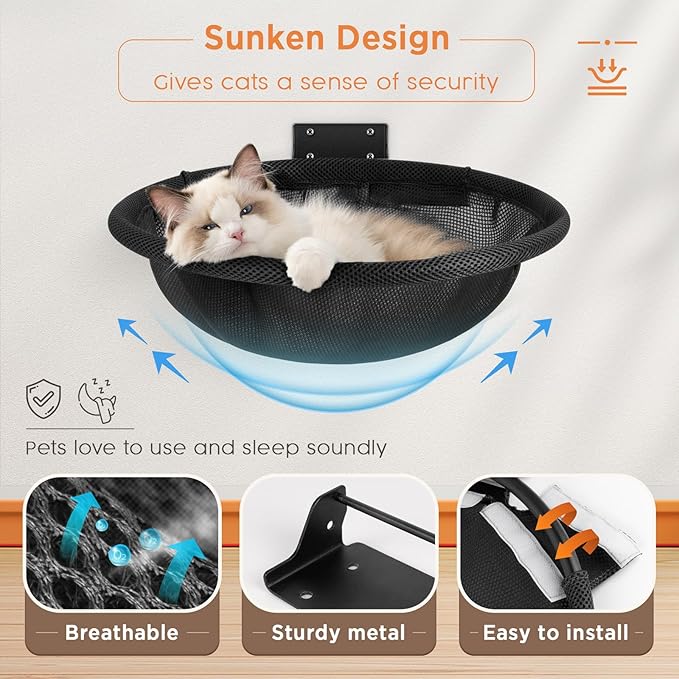 Cat Hammock Wall Mounted, Foldable & Stable Cat Beds- Breathable Cat Wall Shelves for Sleeping, Playing, Climbing, and Lounging - Maximum Hold Up to 30lb (Black)