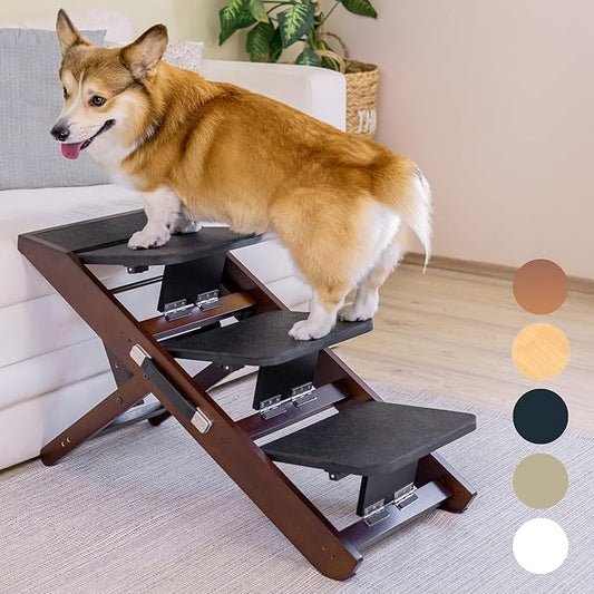 Dog Steps for Bed & Couch 2-in-1 Dog Stairs/Ramp - Height Adjustable Dog Ramp for Couch 7” - 20” - Pet Stairs, Dog Stairs for Small Dogs - Easy to Move Pet Steps with Landing Platform, Walnut