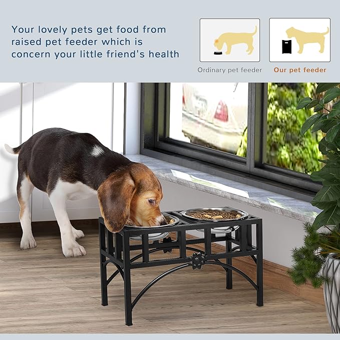 PawHut Elevated Dog Bowls, Double Stainless Steel Heavy Duty Dog Food Bowl Elevated Pet Feeding Station, 10.5" H